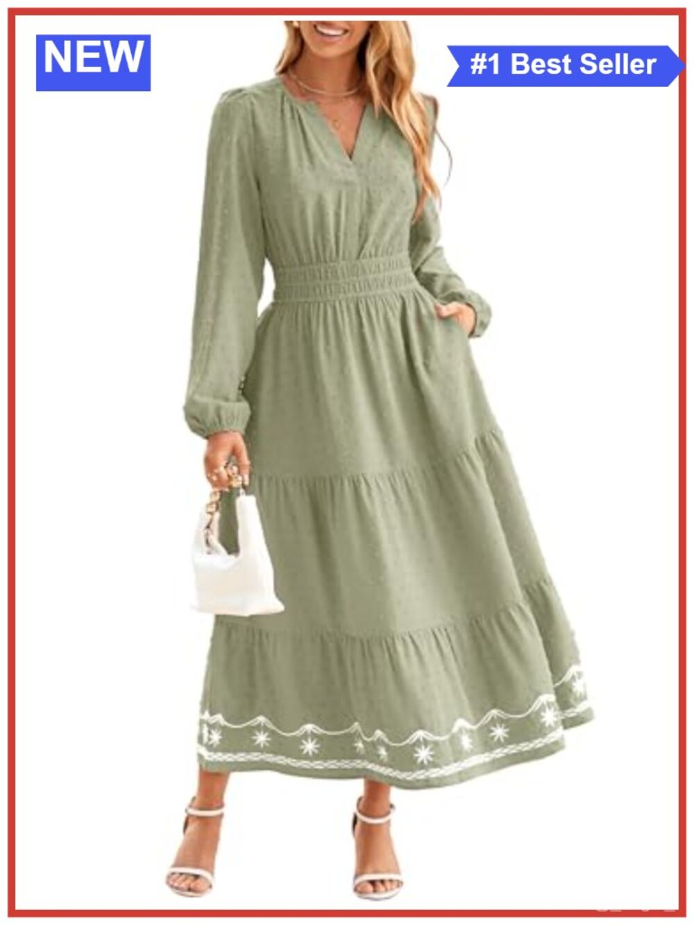 Women's Long Sleeve Swiss Dot Maxi Dress Boho V Neck A-Line with Pockets